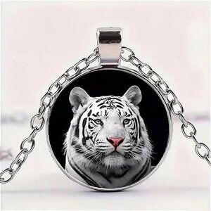 Silver WHITE TIGER Glass Cabochon Pendant Necklace